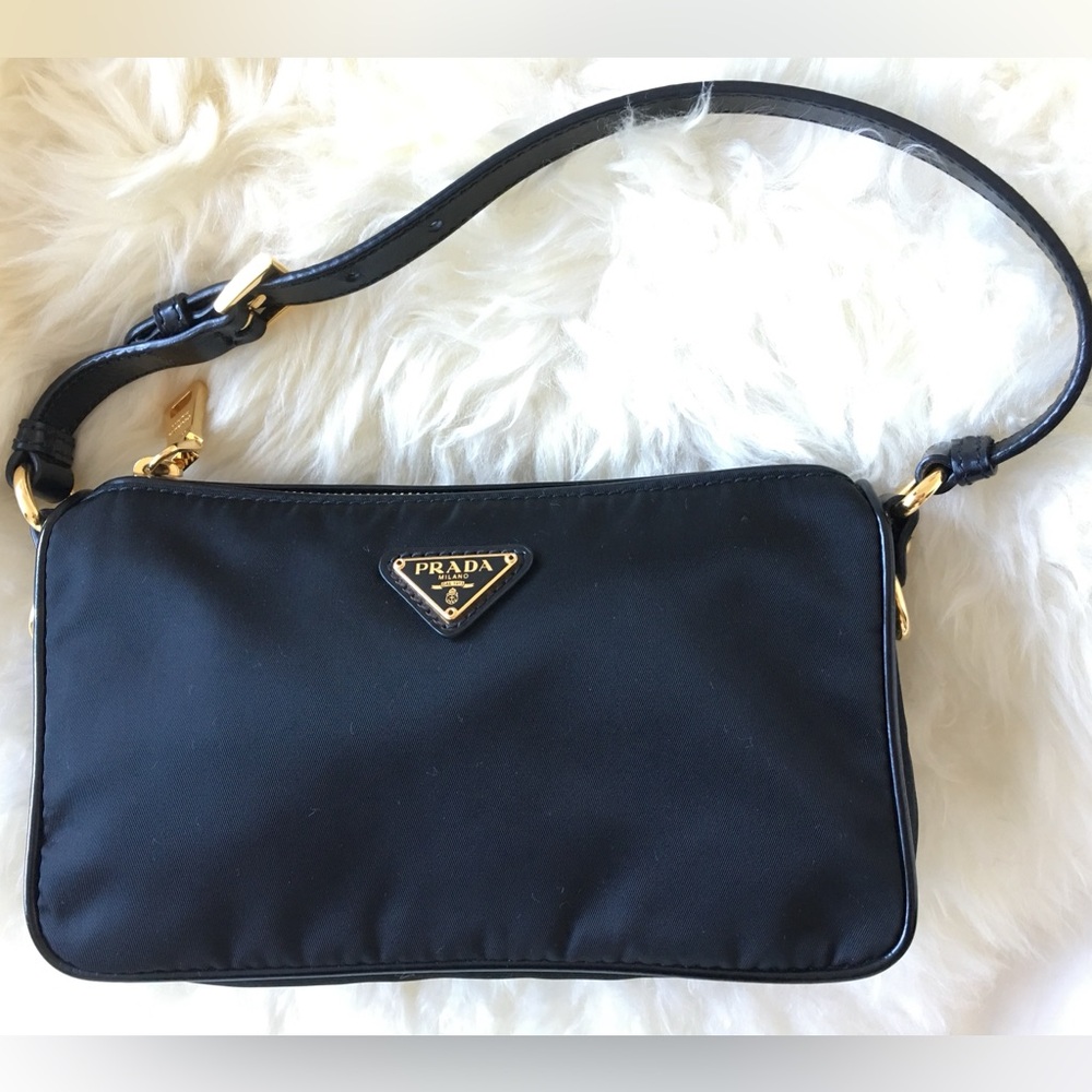 Prada Sacca Tessuto Black Nylon Small Shoulder Bag with Gold Hardware